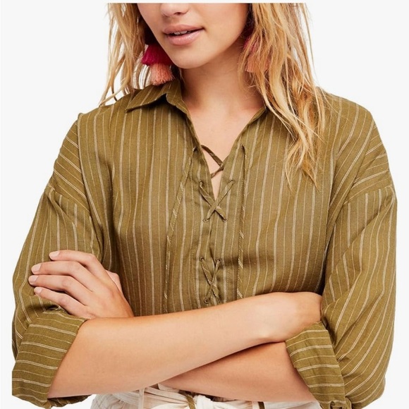 Free People Under The Boardwalk Linen Lace Up Blouse - Picture 1 of 4